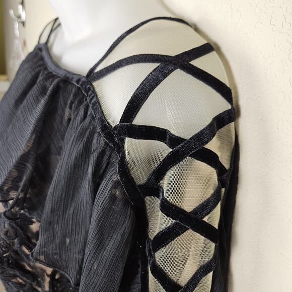 Tadashi Shoji Ada Dress Womens 10 Embroidered Lace Velvet Party Event Ruffle NEW - Picture 7 of 16